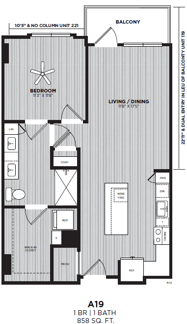 A black and white image of a floor plan for a one bedroom apartment.